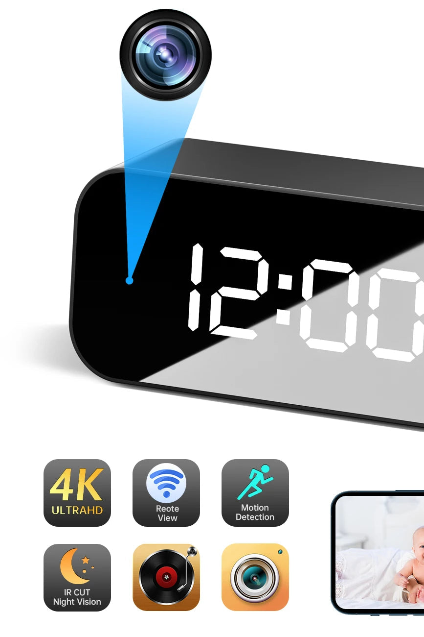 4K HD WIFI Clock Camera 166degree Camera Micro Cam IR Night View Alarm Camcorder Digital Watch Video Mini DVR Oculta Small Cam