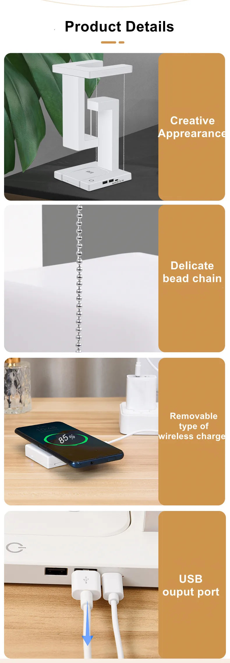 Novelty floating lamp with 10 W detachable wireless charger decorative light for bedroom/office