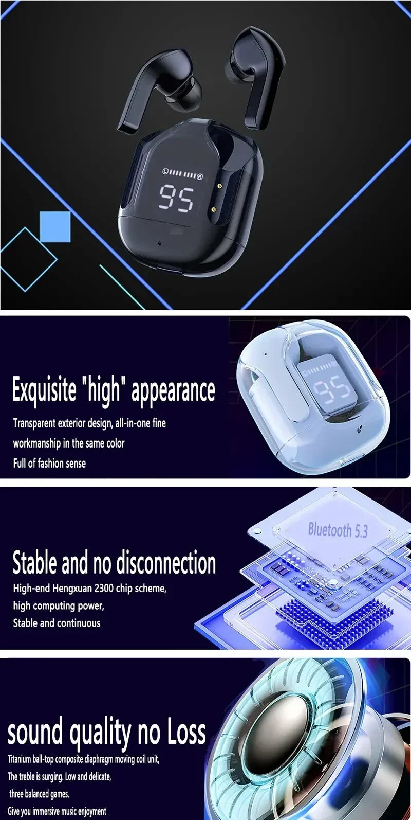 Wireless Bluetooth 5.3 Air Headset Transparent Headphones LED Power Digital Display Stereo Sound Earphones for Sports Working