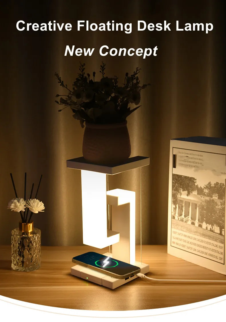 Novelty floating lamp with 10 W detachable wireless charger decorative light for bedroom/office