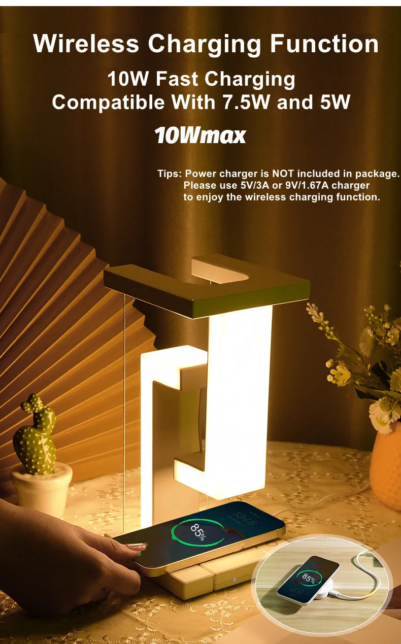 Novelty floating lamp with 10 W detachable wireless charger decorative light for bedroom/office