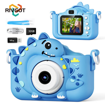 Kids Digital Camera with 32G Card Toy Girl Boy 1080p Hd Screen Outdoor Cartoon Dinosaur Camera Photography Video Birthday Gifts